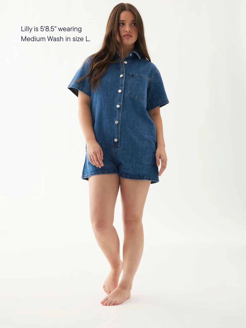 Short Sleeve Denim Romper - Med Wash